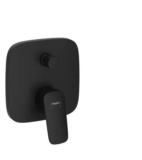 Schwarzer Unterputz-Mischer mit einem Hebel und Kontrollknöpfen für warmes und kaltes Wasser, designed von Hansgrohe.